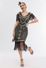 Laden Sie das Bild in den Galerie-Viewer, Schwarzes goldenes fransen Gatsby Kleid mit kalten Schulter aus den 1920er Jahren