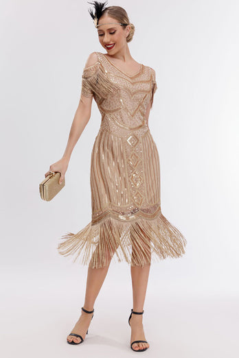Schwarzes goldenes fransen Gatsby Kleid mit kalten Schulter aus den 1920er Jahren