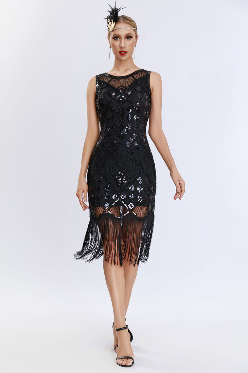 Laden Sie das Bild in den Galerie-Viewer, Glitzerndes schwarzes Gatsby Kleid mit Fransen aus den 1920er Jahren