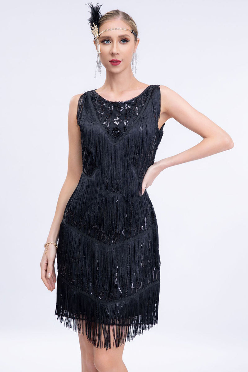 Laden Sie das Bild in den Galerie-Viewer, Schwarzes Pailletten Gatsby Kleid mit Fransen aus den 1920er Jahren