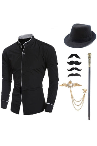 Schwarzes Langarm Herren Anzughemd mit Stehkragen und Zubehör-Set
