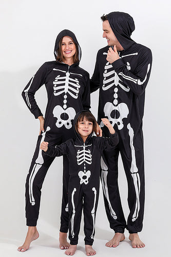 Familien-Kuscheliger Skelett-Kapuzenpullover mit schwarzem Druck und Reißverschluss