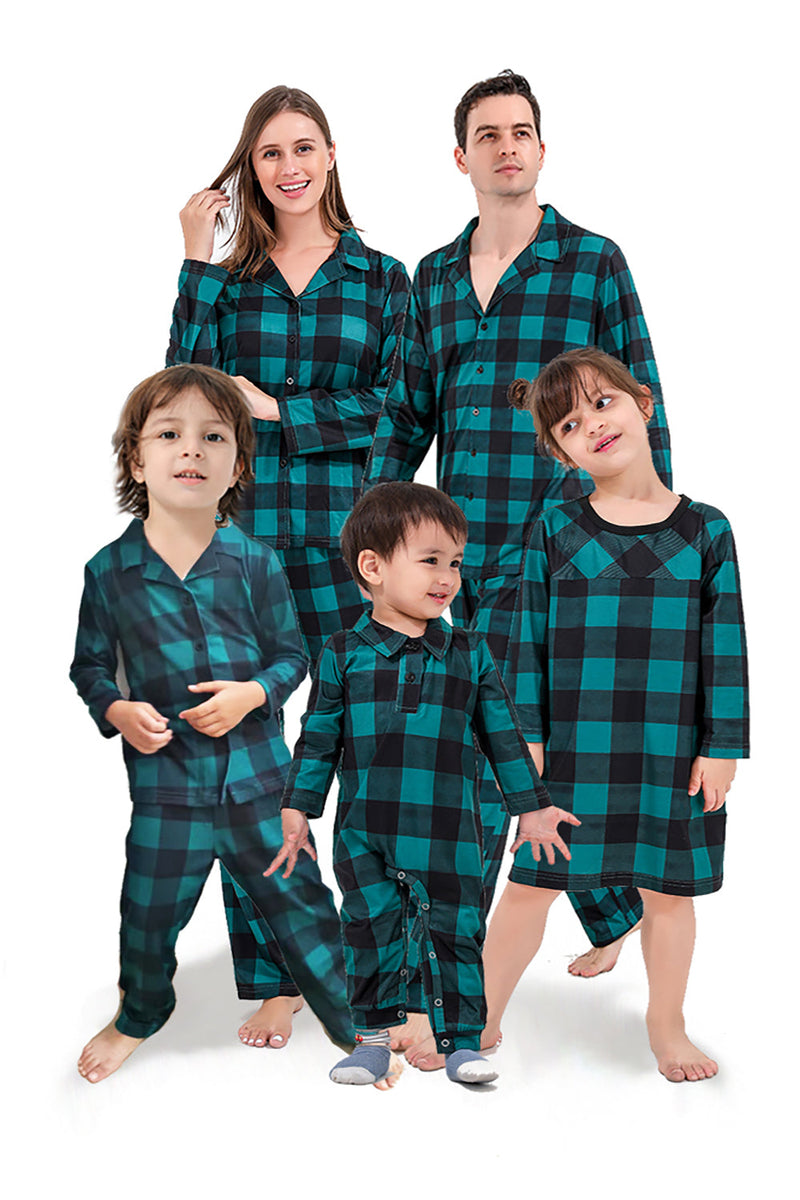 Laden Sie das Bild in den Galerie-Viewer, Dunkelgrün karierte Weihnachtsfamilie passendes 2-teiliges Pyjama-Set