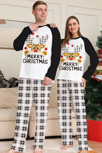 Schwarz-weiß kariertes Weihnachtshirsch-Familien-Pyjama-Set