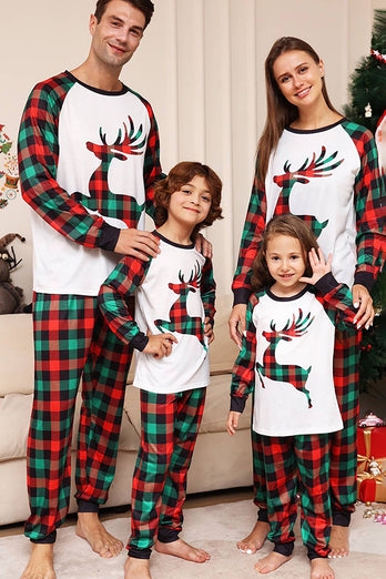 Grünes und rotes Gitter Hirsch Weihnachtsfamilie passendes Pyjama-Set