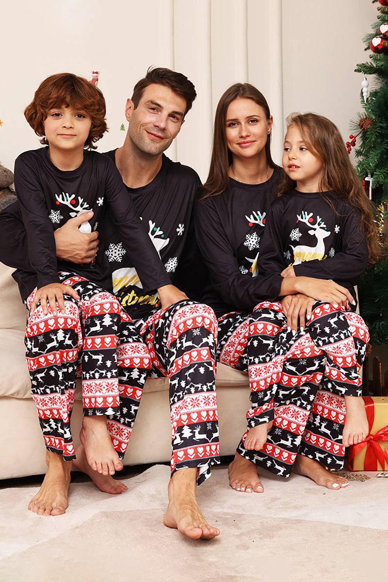 Laden Sie das Bild in den Galerie-Viewer, Weihnachtliches schwarzes Hirsch und Schneeflocke Familie passendes Pyjama-Set