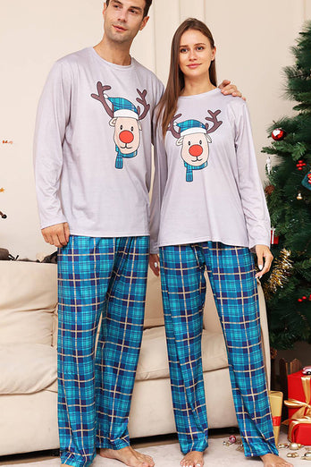 Grauer Hirsch und blau kariertes Weihnachtsfamilien-Pyjama-Set
