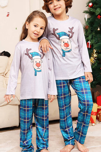 Grauer Hirsch und blau kariertes Weihnachtsfamilien-Pyjama-Set