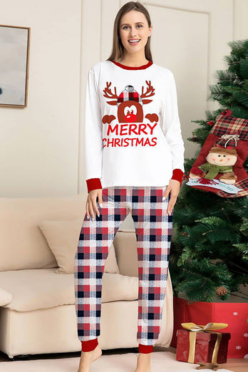 Weißer Hirsch und rot kariertes Weihnachts-Familien-Pyjama-Set