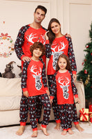 Laden Sie das Bild in den Galerie-Viewer, Passender Pyjama für die Weihnachtsfamilie Schwarz Rot Hirsch bedruckt Pyjama-Set