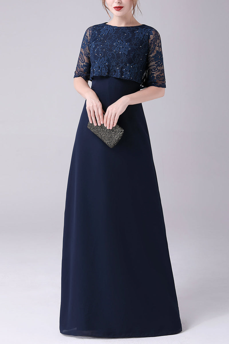 Laden Sie das Bild in den Galerie-Viewer, Marineblaues kurzärmeliges A-Linie Chiffon Kleid in Bodenlänge für die Mutter der Braut