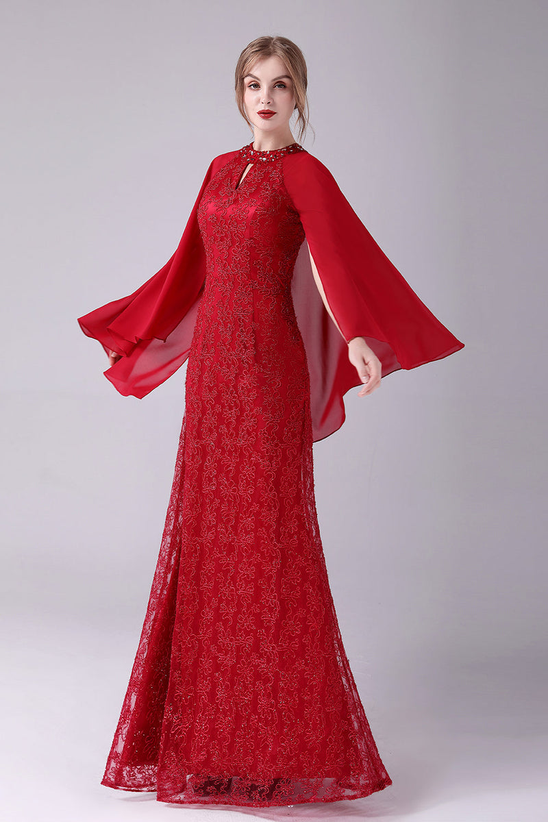 Laden Sie das Bild in den Galerie-Viewer, Burgunderrotes bodenlanges Kleid der Brautmutter in A-Linie mit Applikationen