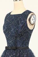 Laden Sie das Bild in den Galerie-Viewer, Glitzer Marine Tüll Abschlussball Kleid