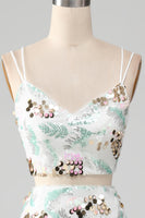 Laden Sie das Bild in den Galerie-Viewer, Weißes zweiteiliges glitzerndes Meerjungfrauen Ballkleid mit Schlitz