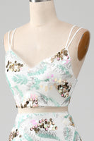 Laden Sie das Bild in den Galerie-Viewer, Weißes zweiteiliges glitzerndes Meerjungfrauen Ballkleid mit Schlitz