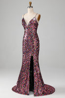 Laden Sie das Bild in den Galerie-Viewer, Lila Meerjungfrau Glitzerndes Ballkleid mit Schlitz