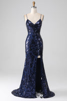 Laden Sie das Bild in den Galerie-Viewer, Pailletten Meerjungfrauen Spaghettiträger Ballkleid mit Schlitz