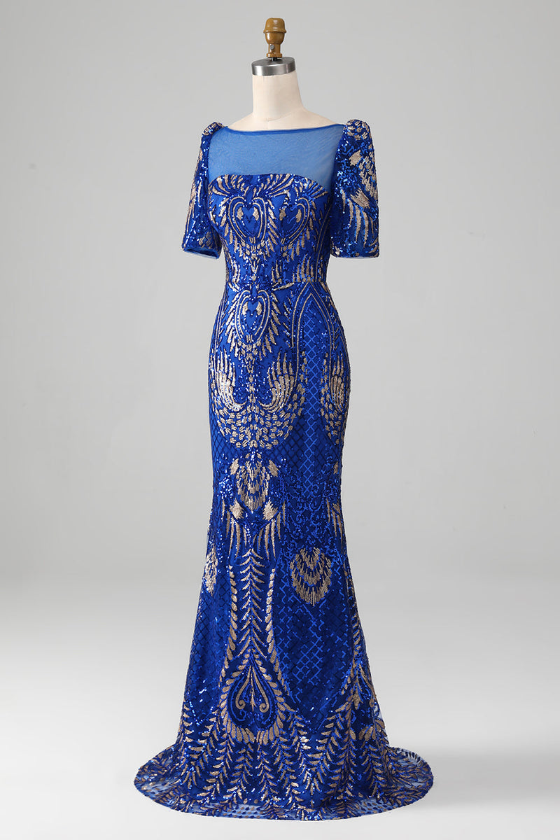 Laden Sie das Bild in den Galerie-Viewer, Meerjungfrau Königsblaues glitzerndes Ballkleid mit kurzen Ärmeln