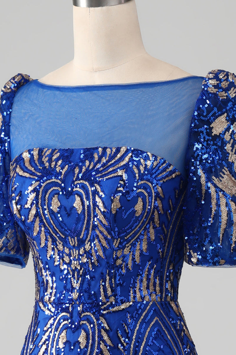Laden Sie das Bild in den Galerie-Viewer, Meerjungfrau Königsblaues glitzerndes Ballkleid mit kurzen Ärmeln