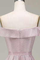 Laden Sie das Bild in den Galerie-Viewer, Schulterfreies graues rosa glitzerndes Ballkleid mit Plissee