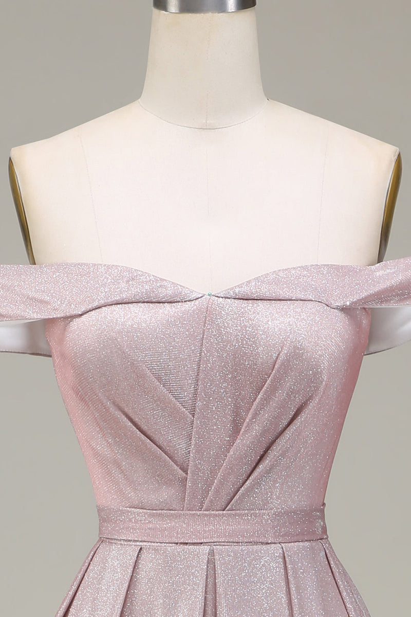 Laden Sie das Bild in den Galerie-Viewer, Schulterfreies graues rosa glitzerndes Ballkleid mit Plissee