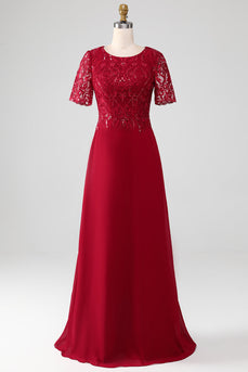 Burgunderrotes A-Linie Kleid mit funkelnden Pailletten aus Brautmutter mit Rundhalsausschnitt und Applikationen