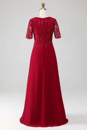 Burgunderrotes A-Linie Kleid mit funkelnden Pailletten aus Brautmutter mit Rundhalsausschnitt und Applikationen