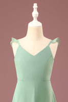 Laden Sie das Bild in den Galerie-Viewer, A-Linie Langes Chiffon Matcha V-Ausschnitt Spaghettiträger Junior Brautjungfernkleid