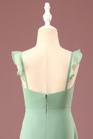 Laden Sie das Bild in den Galerie-Viewer, A-Linie Langes Chiffon Matcha V-Ausschnitt Spaghettiträger Junior Brautjungfernkleid