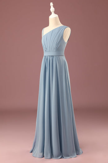 Staubiges blaues Eine Schulter A-Linien Chiffon Plissee Bodenlanges Kleid für Junior-Brautjungfern