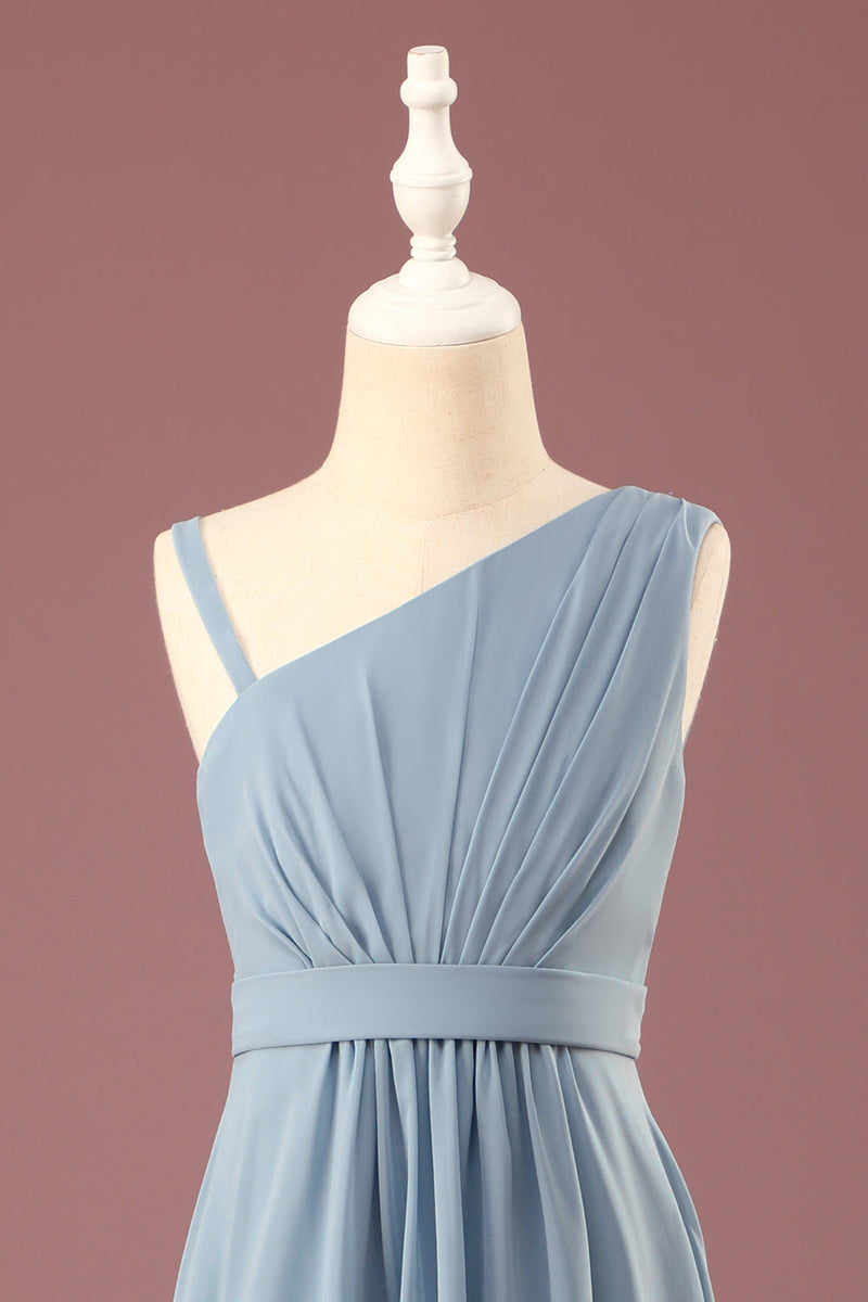 Laden Sie das Bild in den Galerie-Viewer, Staubiges blaues Eine Schulter A-Linien Chiffon Plissee Bodenlanges Kleid für Junior-Brautjungfern