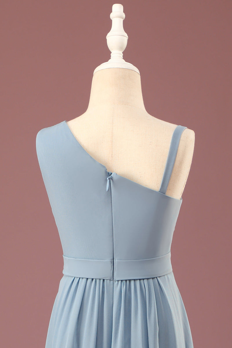 Laden Sie das Bild in den Galerie-Viewer, Staubiges blaues Eine Schulter A-Linien Chiffon Plissee Bodenlanges Kleid für Junior-Brautjungfern