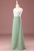 Laden Sie das Bild in den Galerie-Viewer, Matcha A-Linie bodenlanges Rundhalsausschnitt ärmelloses Junior-Brautjungfernkleid