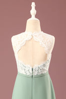 Laden Sie das Bild in den Galerie-Viewer, Matcha A-Linie bodenlanges Rundhalsausschnitt ärmelloses Junior-Brautjungfernkleid