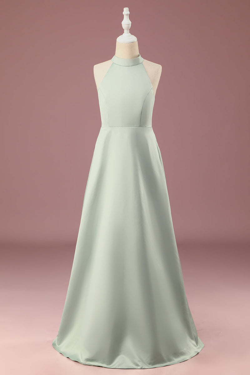 Laden Sie das Bild in den Galerie-Viewer, Matcha Satin A-Linie Neckholder ärmelloses langes Junior-Brautjungfernkleid