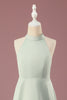 Laden Sie das Bild in den Galerie-Viewer, Matcha Satin A-Linie Neckholder ärmelloses langes Junior-Brautjungfernkleid