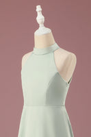 Laden Sie das Bild in den Galerie-Viewer, Matcha Satin A-Linie Neckholder ärmelloses langes Junior-Brautjungfernkleid