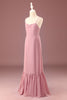 Laden Sie das Bild in den Galerie-Viewer, Staubige Rose Spaghettiträger A-Linie Chiffon Langes Junior-Brautjungfernkleid