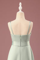 Laden Sie das Bild in den Galerie-Viewer, Matcha A-Linie Satin Spaghetti Träger Langes Junior Brautjungfer Kleid