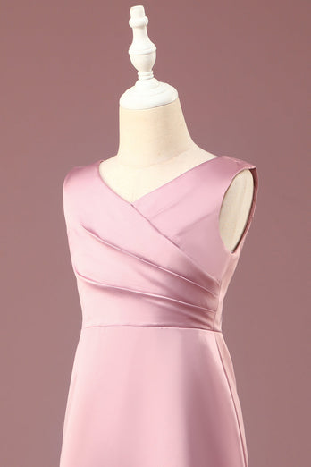Staubige Rose Satin A-Linie plissiertes V-Ausschnitt Langes Junior-Brautjungfernkleid
