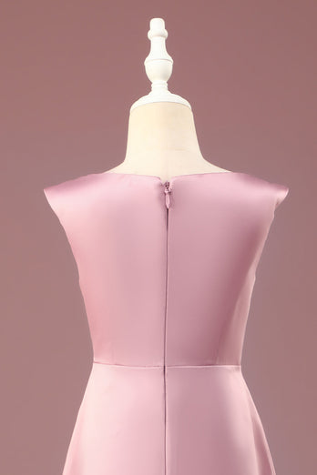 Staubige Rose Satin A-Linie plissiertes V-Ausschnitt Langes Junior-Brautjungfernkleid