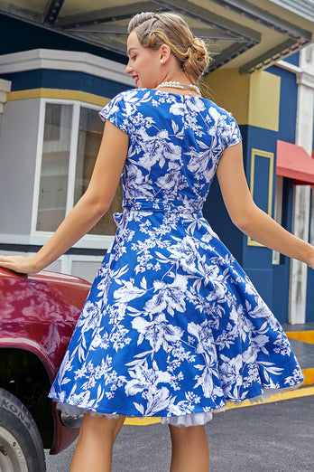 Blau Blumen 1950er Swing Kleid