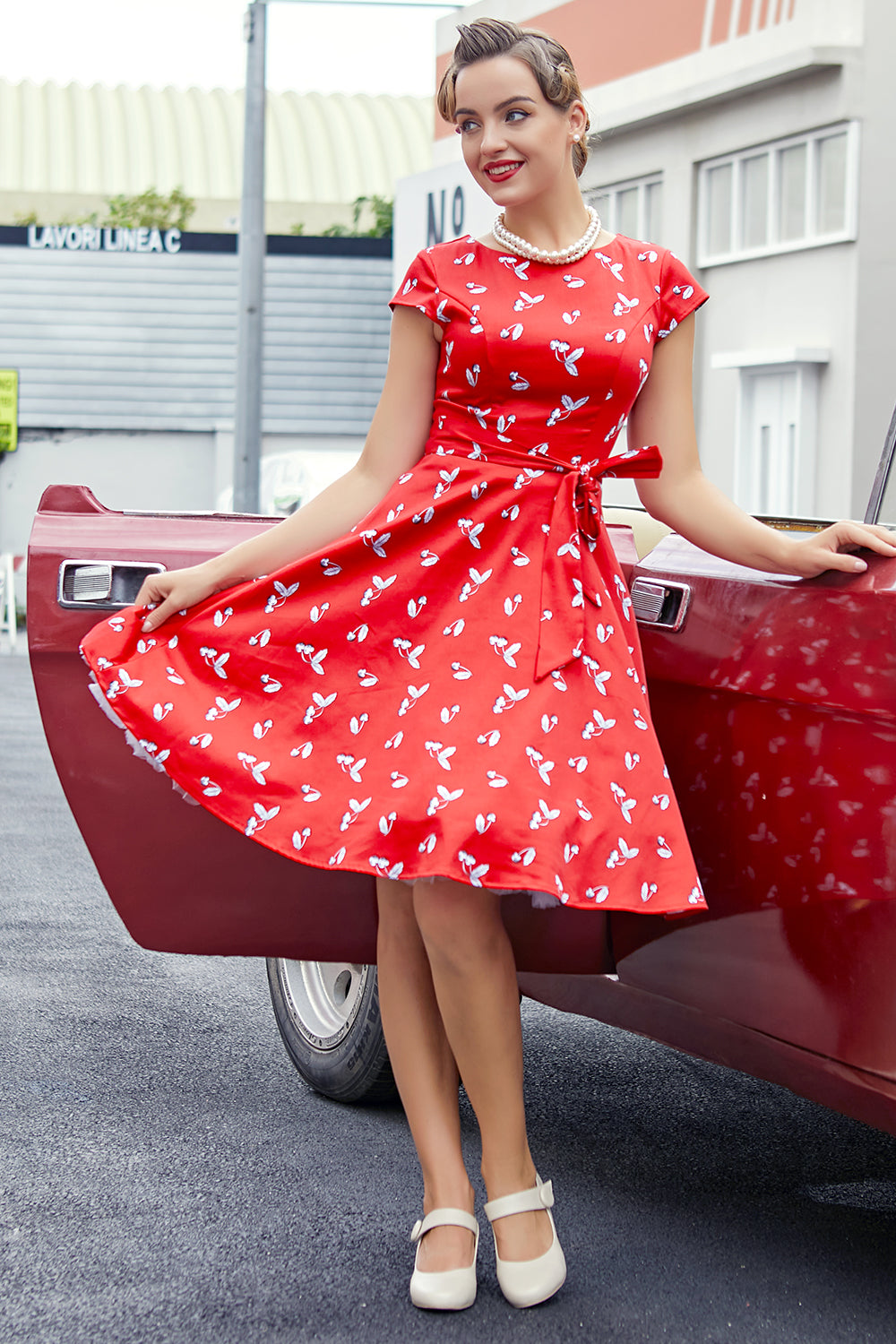 Rot Kirsche 1950er Swing Kleid