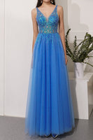 Laden Sie das Bild in den Galerie-Viewer, Blau Tüll Partykleid mit Strass