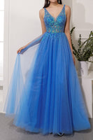 Laden Sie das Bild in den Galerie-Viewer, Blau Tüll Partykleid mit Strass