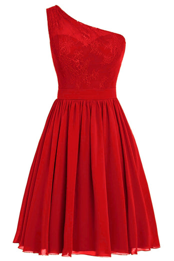Eine Schulter Rotes Hochzeitsgast Kleid mit Spitze