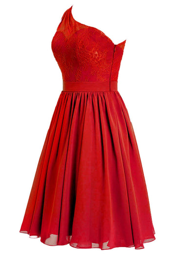 Eine Schulter Rotes Hochzeitsgast Kleid mit Spitze