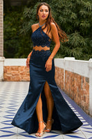 Laden Sie das Bild in den Galerie-Viewer, Zweiteiliges Offener Rücken Marine Ballkleid