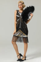 Laden Sie das Bild in den Galerie-Viewer, Schwarzes 1920er Jahren Pailletten Fransen Flapper Kleid