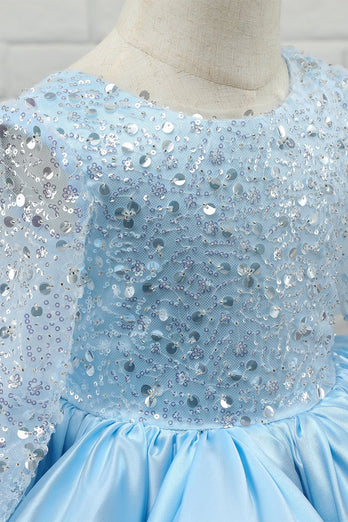 Hellblaues Pailletten Mädchenkleid mit Ärmeln